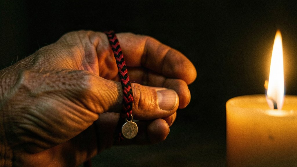A braided red-and-black cord bracelet with a small silver charm, lit by a single candle